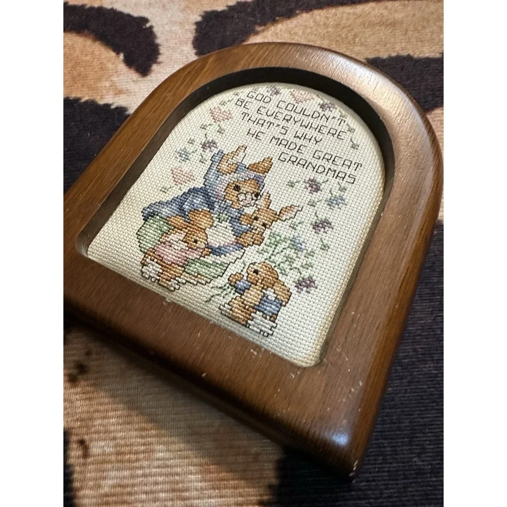 Great Grandma Bunny Needlepoint Cottagecore Wall Hanging Wooden Frame‎